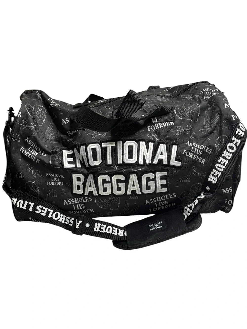 Assholes Live Forever Emotional Baggage Black Flame Bird Heart Duffel Bag NWOT